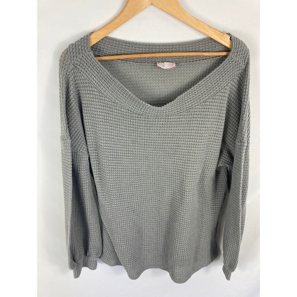 Pink Lily Grey Waffle Knit V Neck Top Grey Size Large